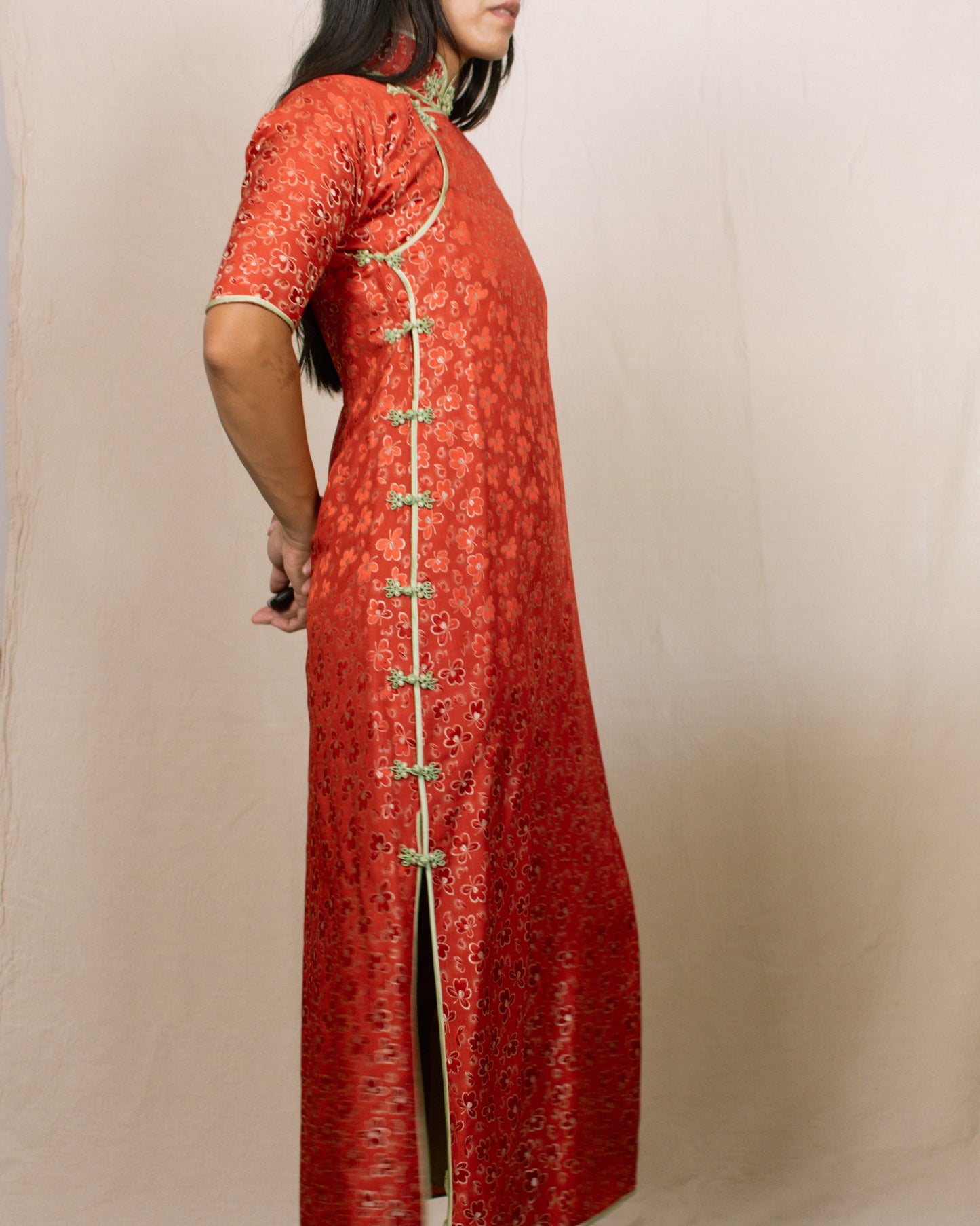 Vintage 60s/70s Red Qipao/Cheongsam Floral Dress | Size XS