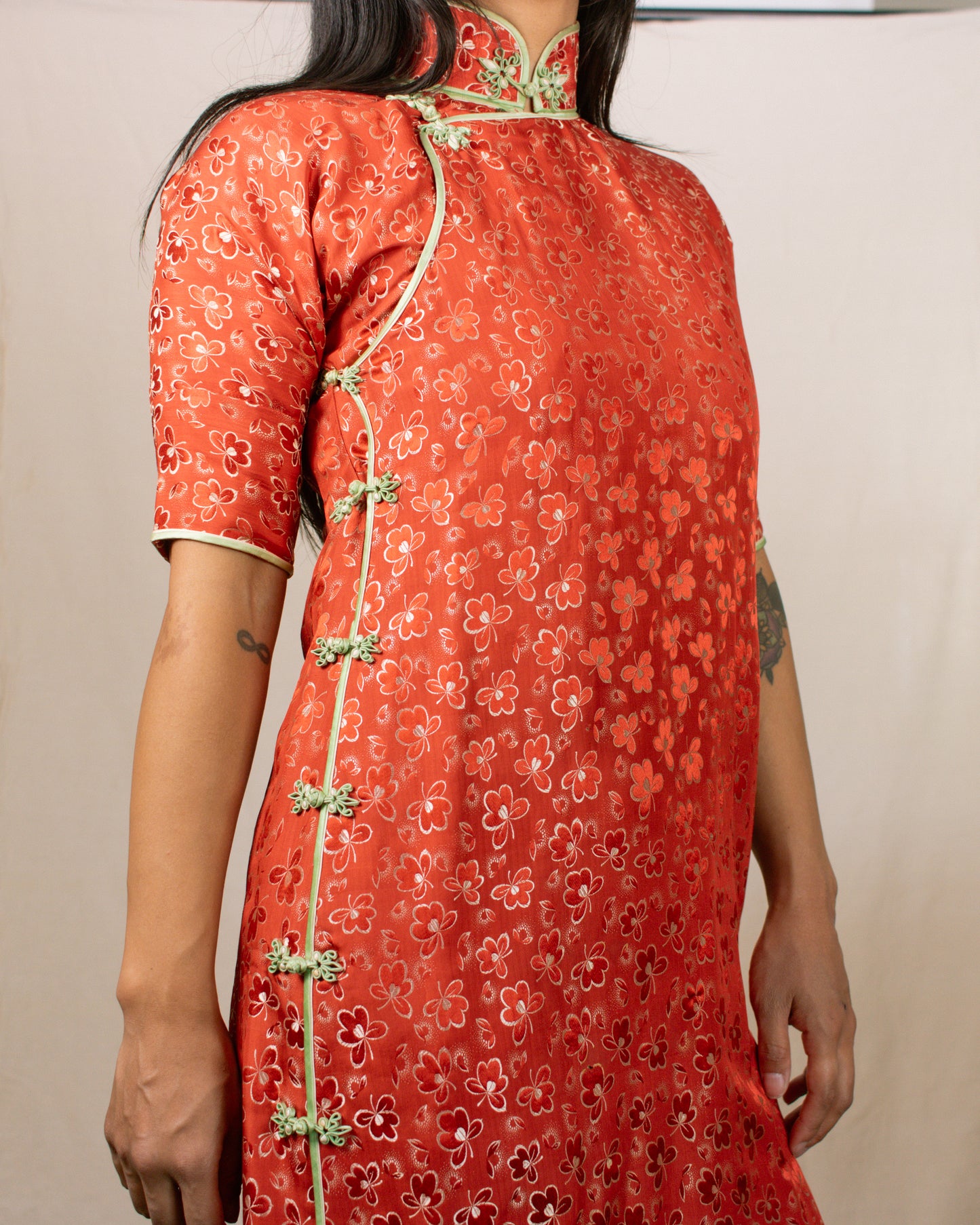 Vintage 60s/70s Red Qipao/Cheongsam Floral Dress | Size XS