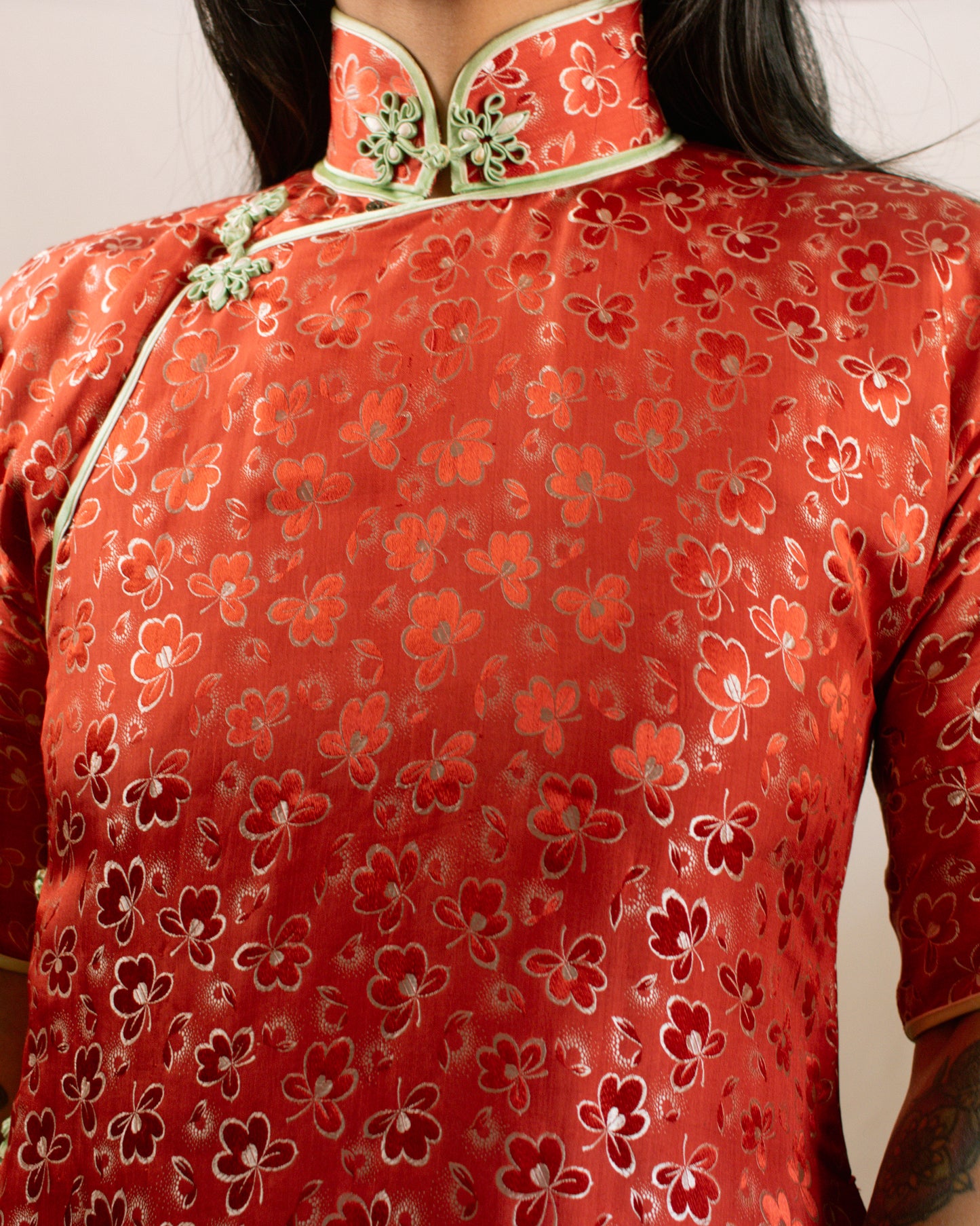 Vintage 60s/70s Red Qipao/Cheongsam Floral Dress | Size XS
