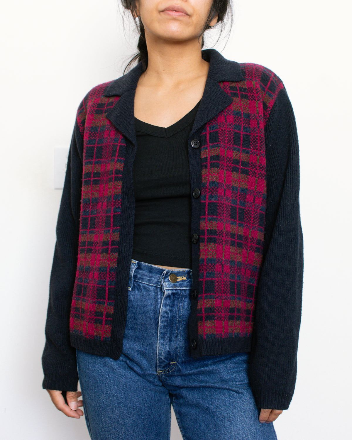 Vintage 80s Plaid Collared Cardigan | Size Medium