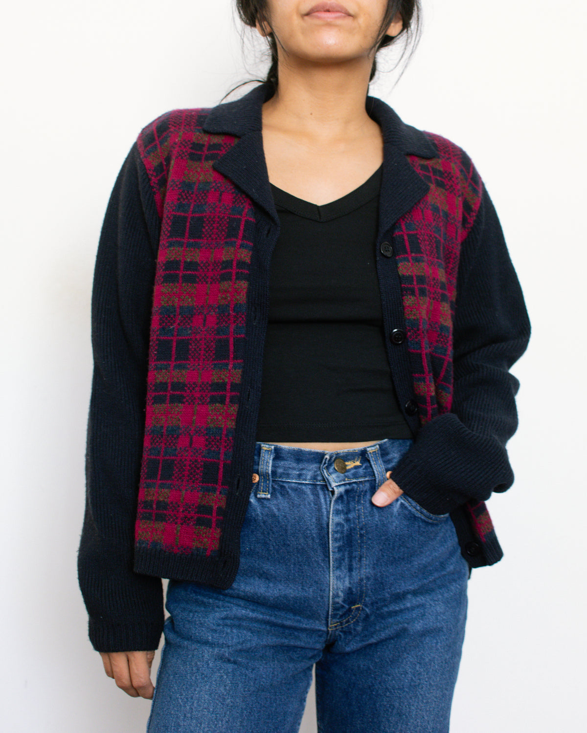 Vintage 80s Plaid Collared Cardigan | Size Medium