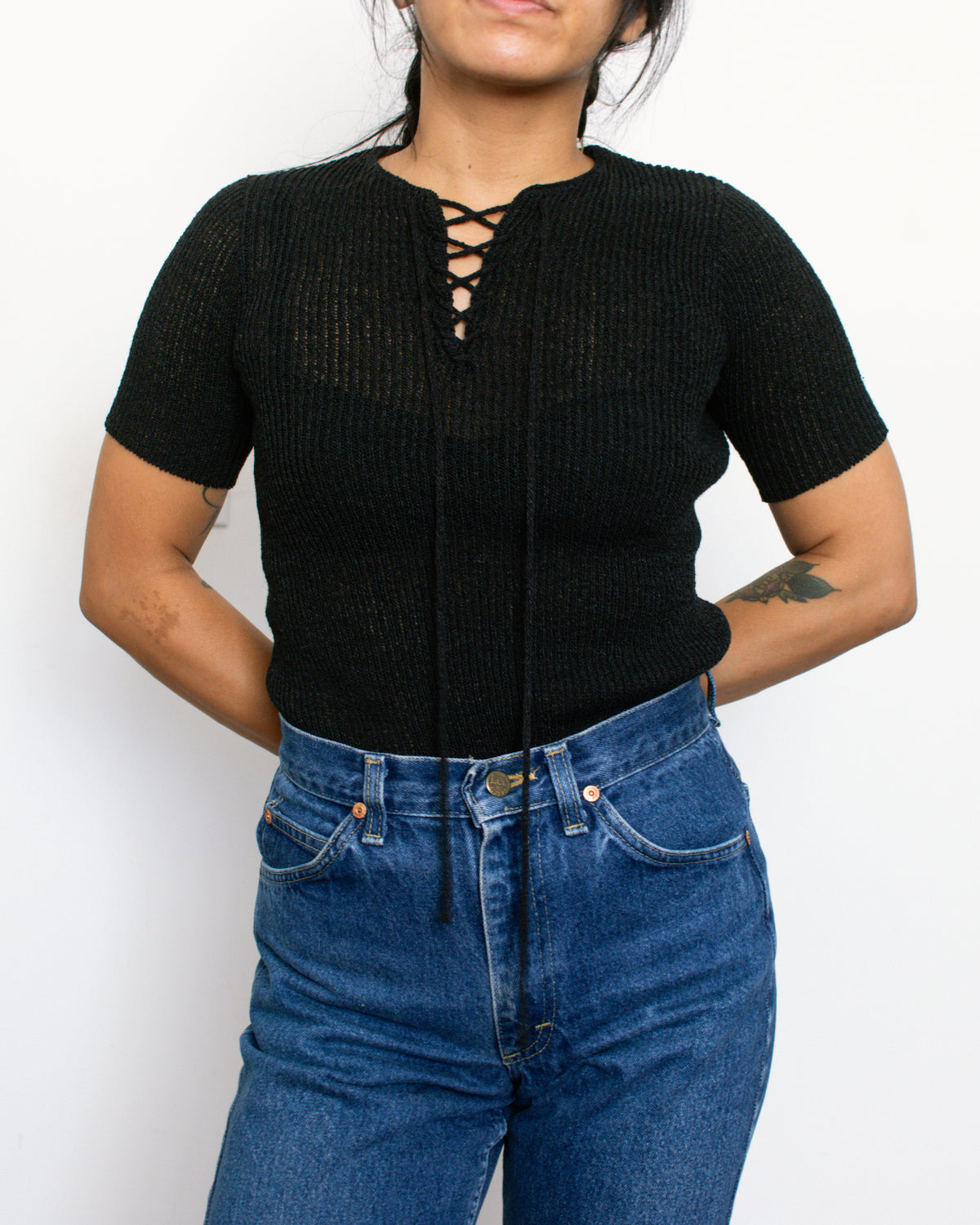 Vintage 70s Black Knit Shirt | Size XS/S