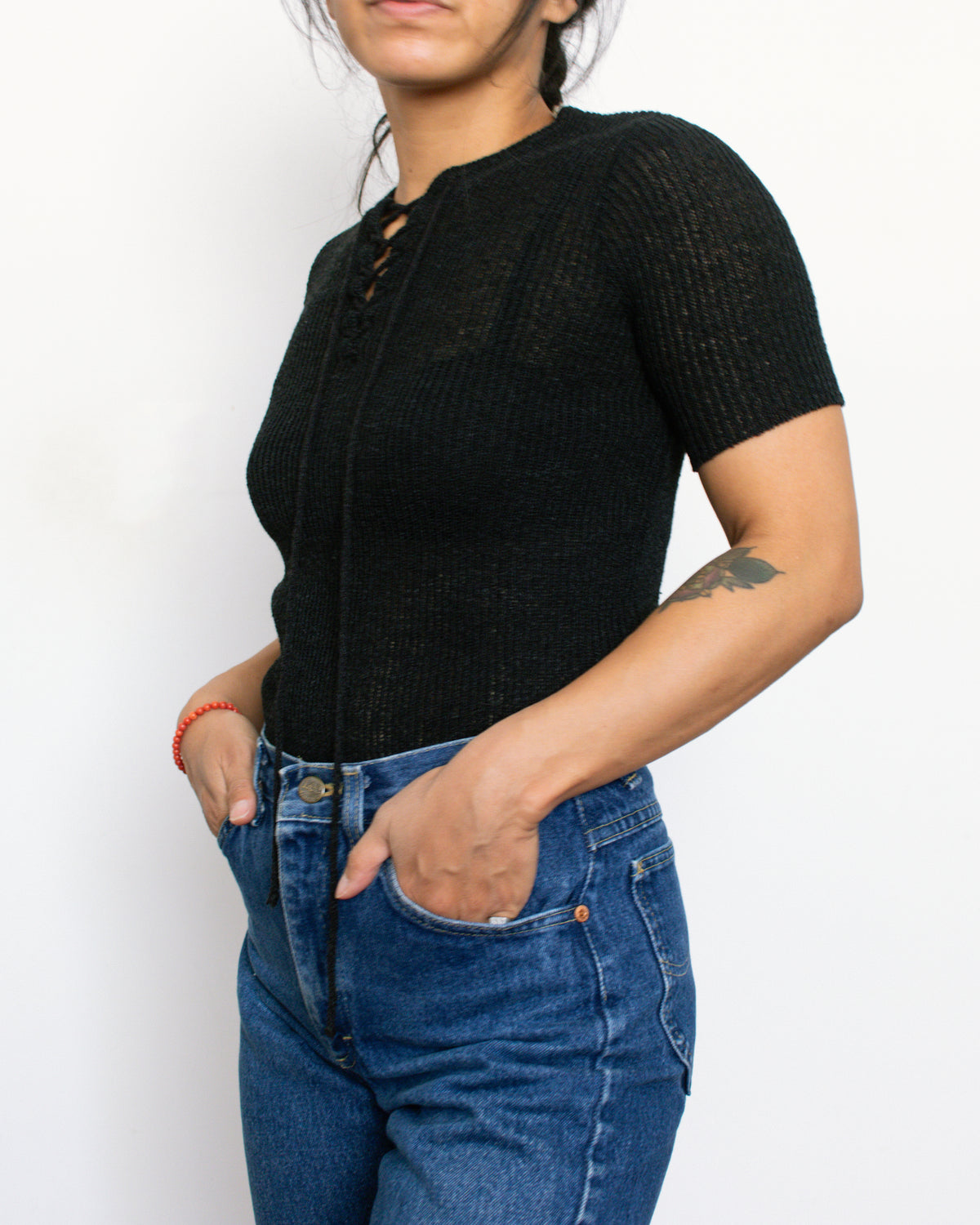 Vintage 70s Black Knit Shirt | Size XS/S