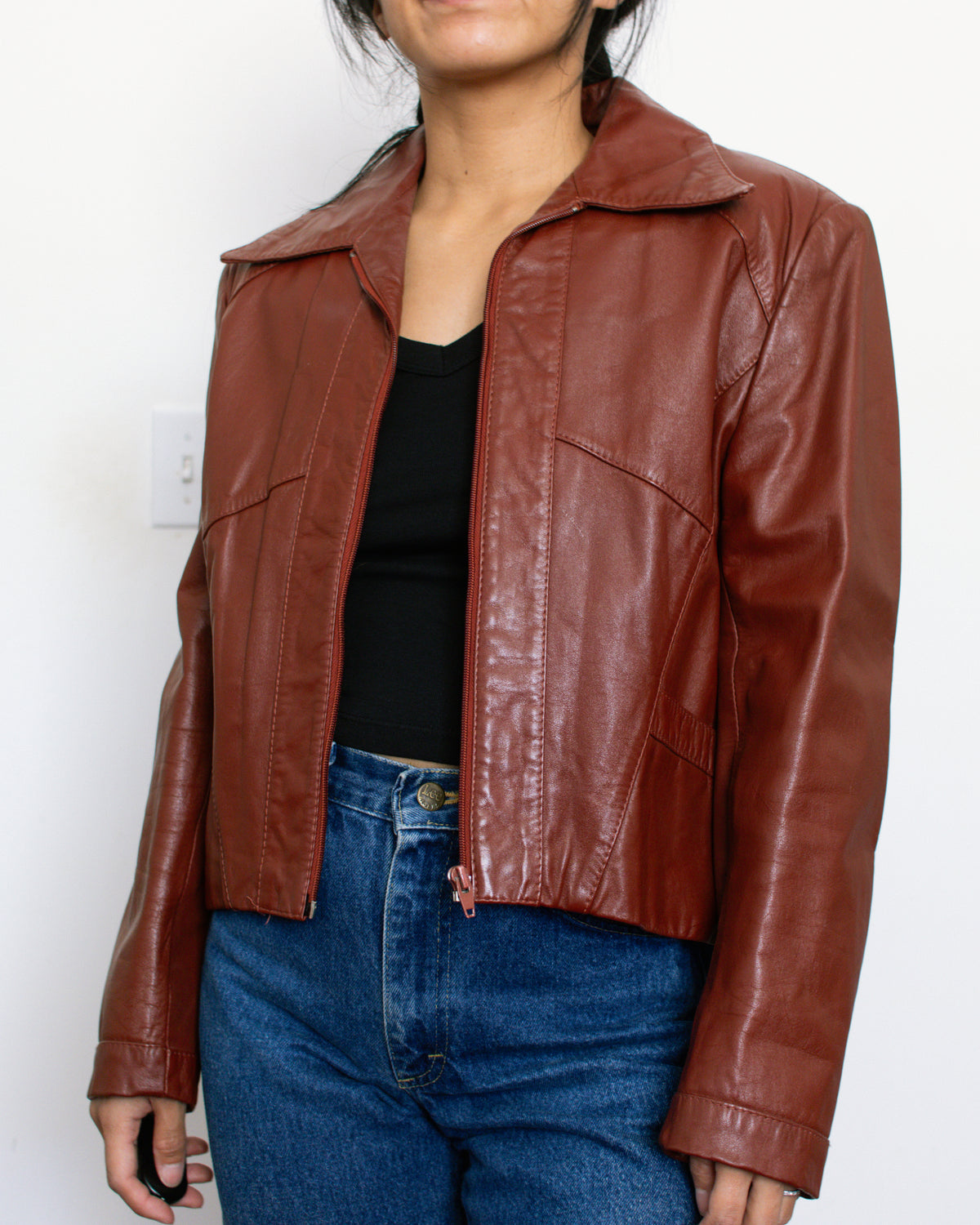 Vintage 80s Red Cropped Leather Jacket | Size Medium