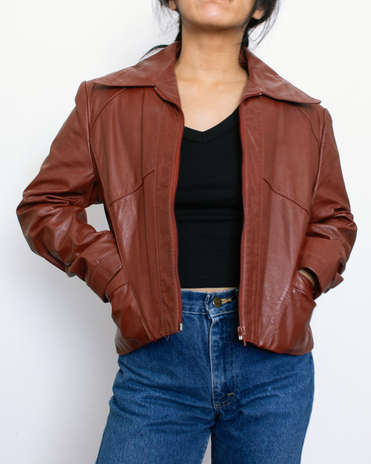Vintage 80s Red Cropped Leather Jacket | Size Medium