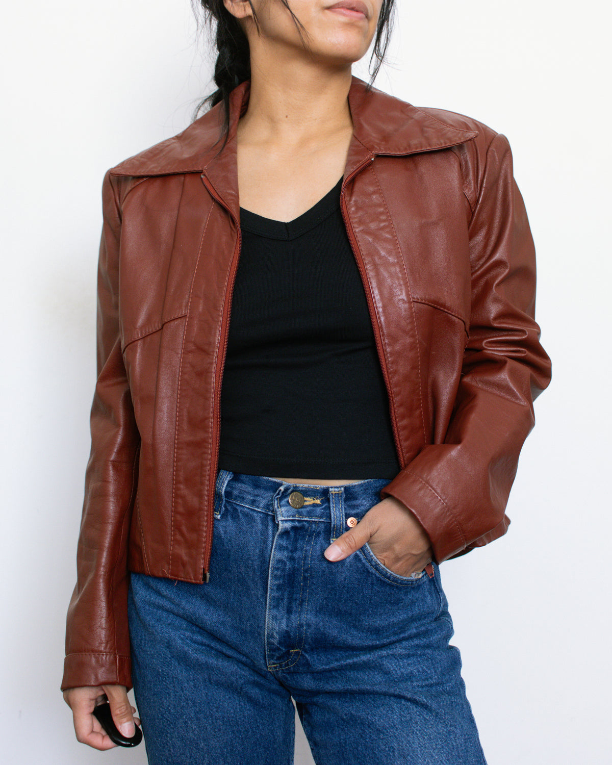 Vintage 80s Red Cropped Leather Jacket | Size Medium