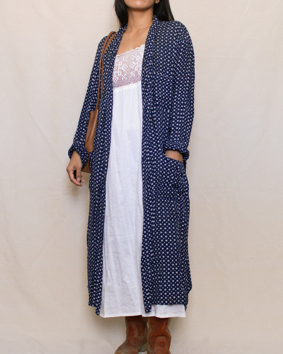 Vintage 60s Navy Printed Duster Robe | Size S-L