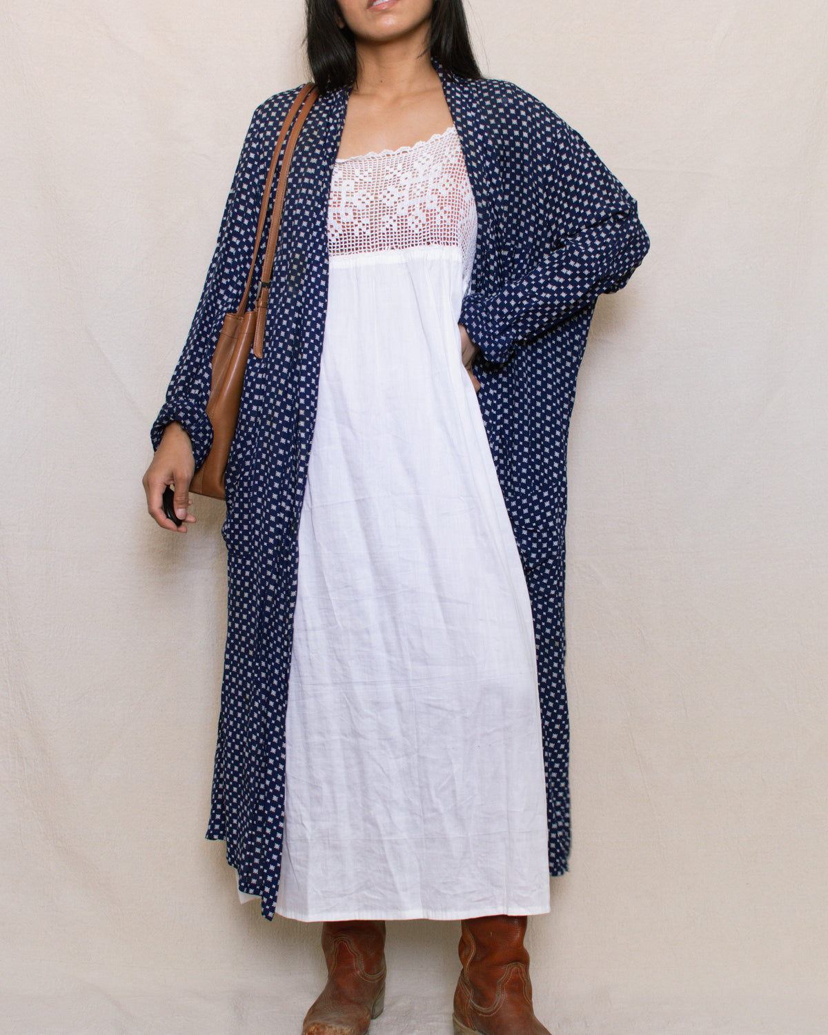 Vintage 60s Navy Printed Duster Robe | Size S-L