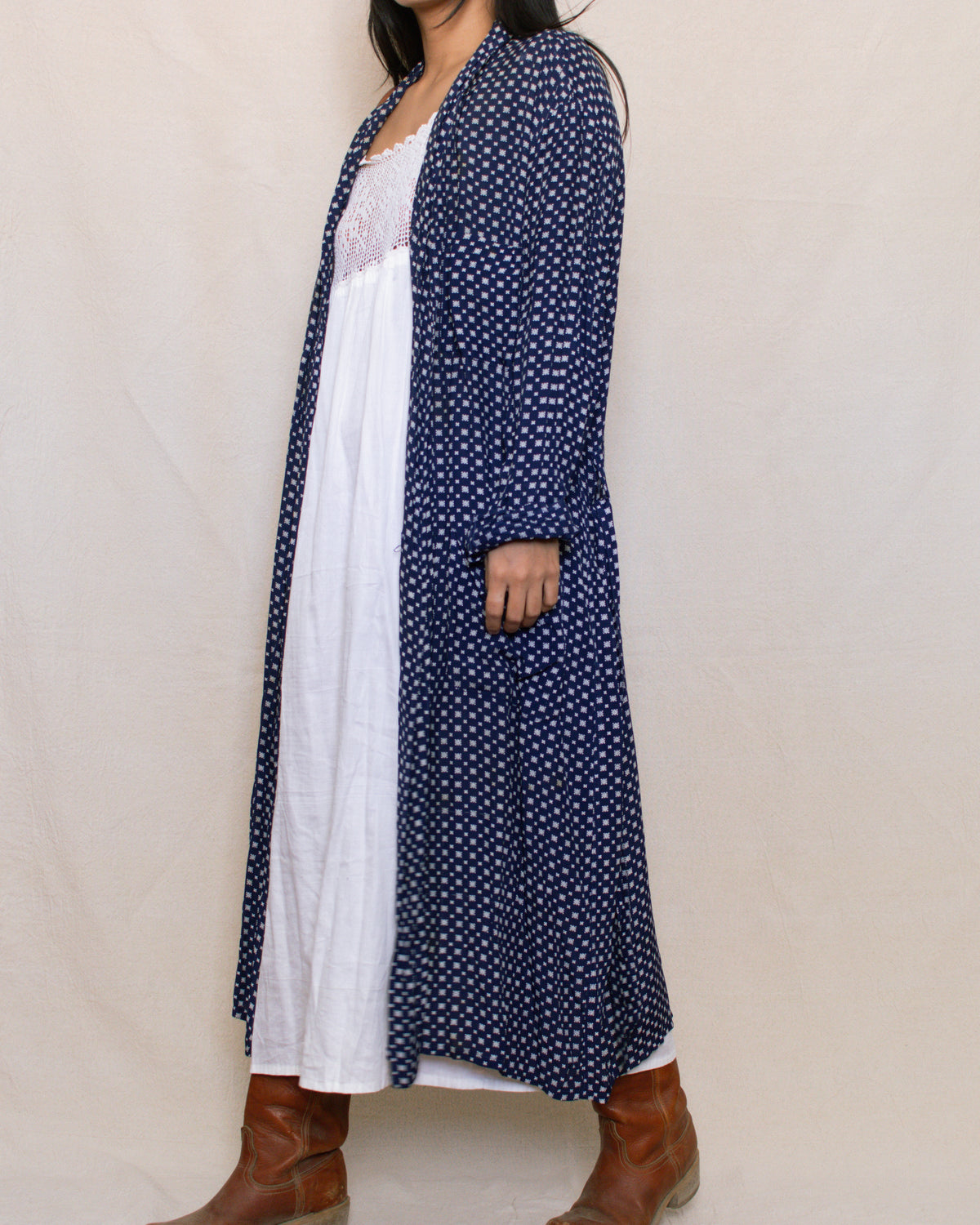 Vintage 60s Navy Printed Duster Robe | Size S-L