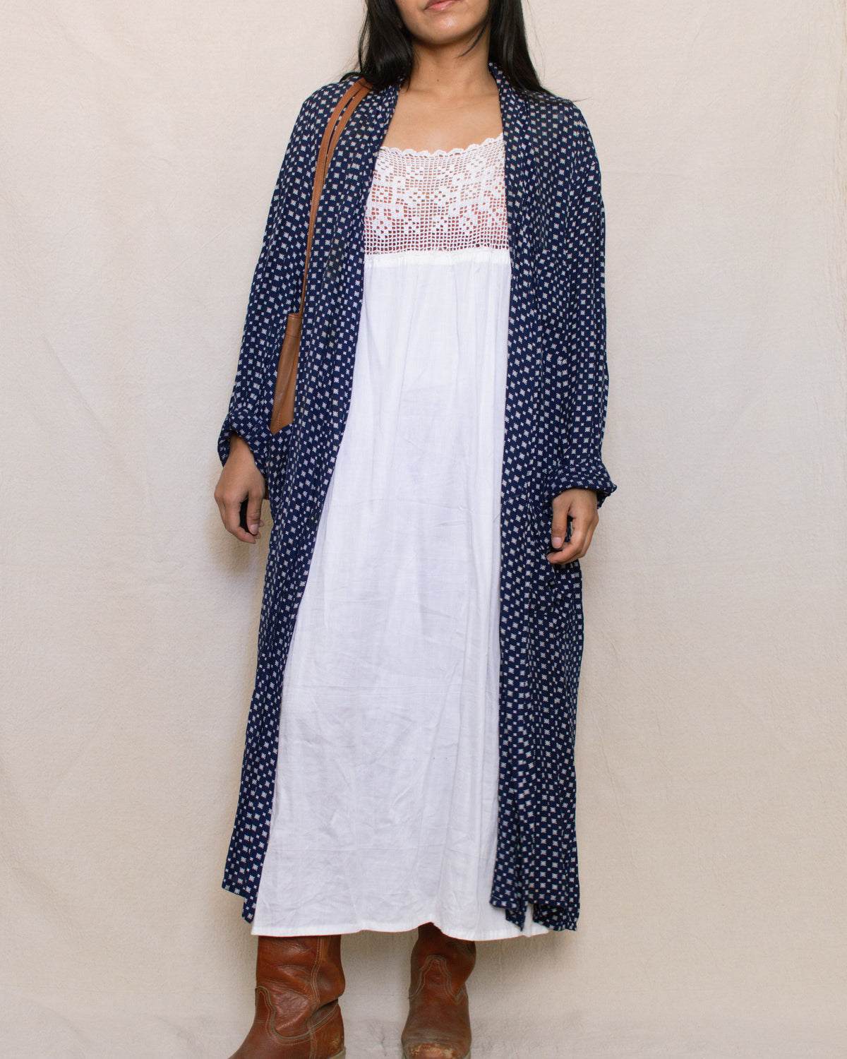 Vintage 60s Navy Printed Duster Robe | Size S-L