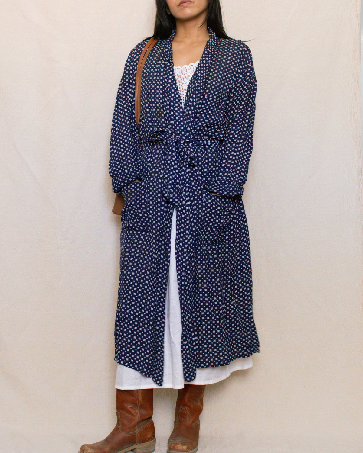 Vintage 60s Navy Printed Duster Robe | Size S-L