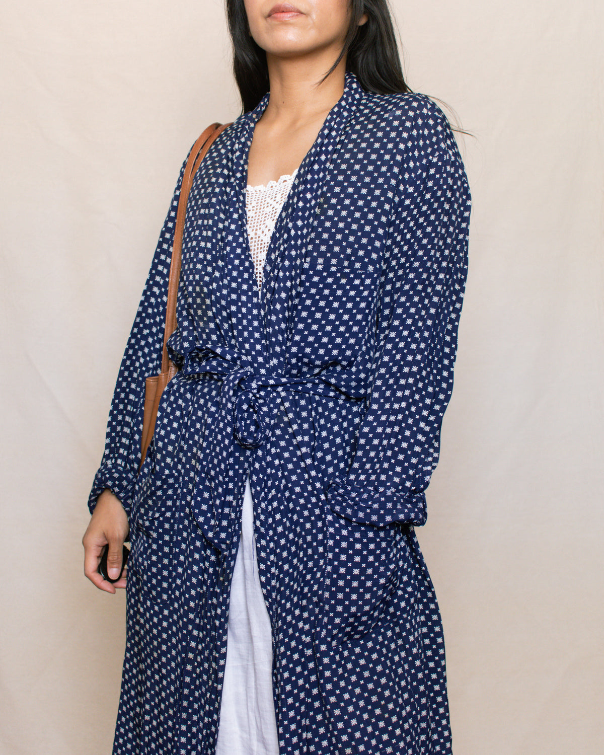 Vintage 60s Navy Printed Duster Robe | Size S-L
