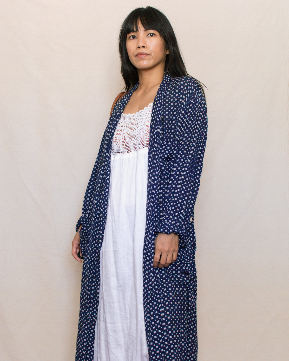 Vintage 60s Navy Printed Duster Robe | Size S-L