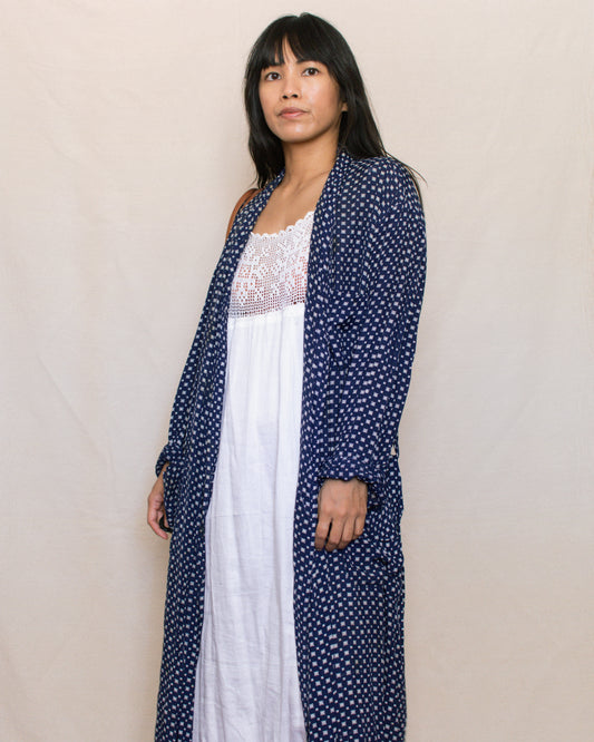 Vintage 60s Navy Printed Duster Robe | Size S-L