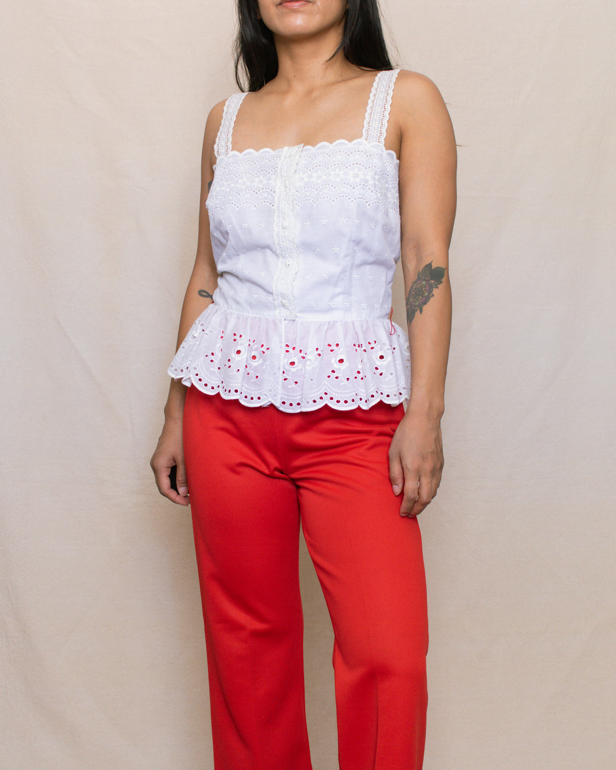 Vintage 70s Eyelet Sleeveless Blouse | Size Small
