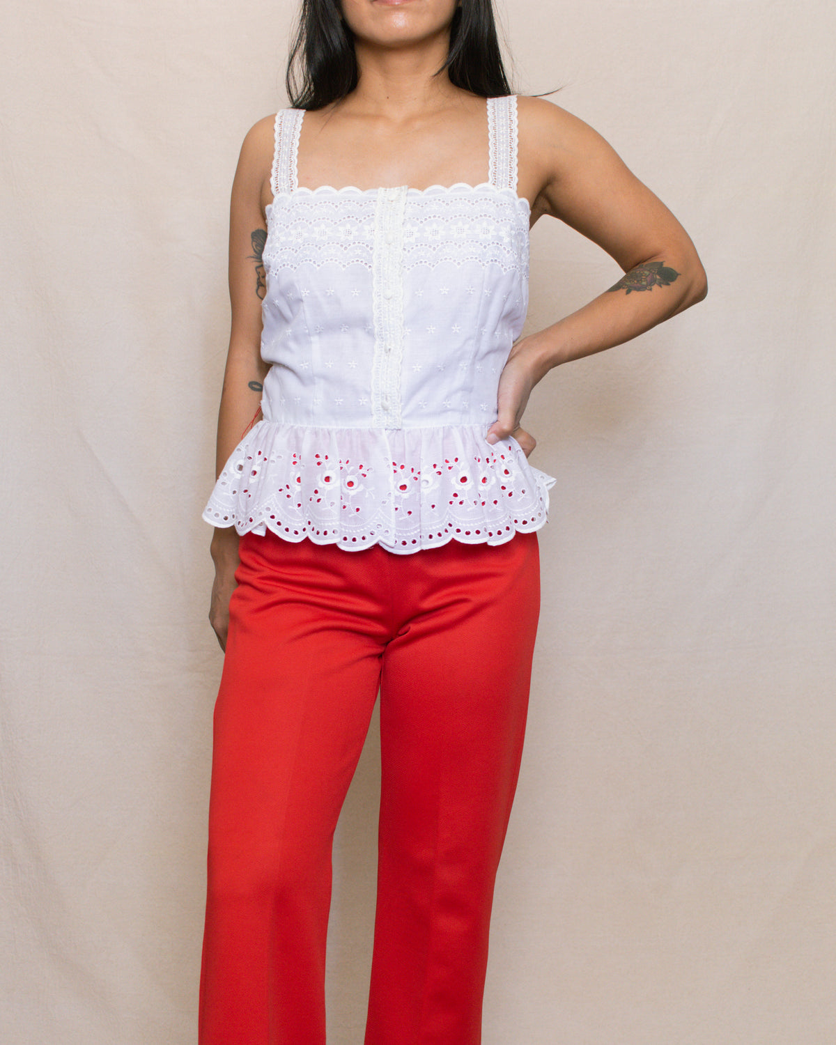 Vintage 70s Eyelet Sleeveless Blouse | Size Small