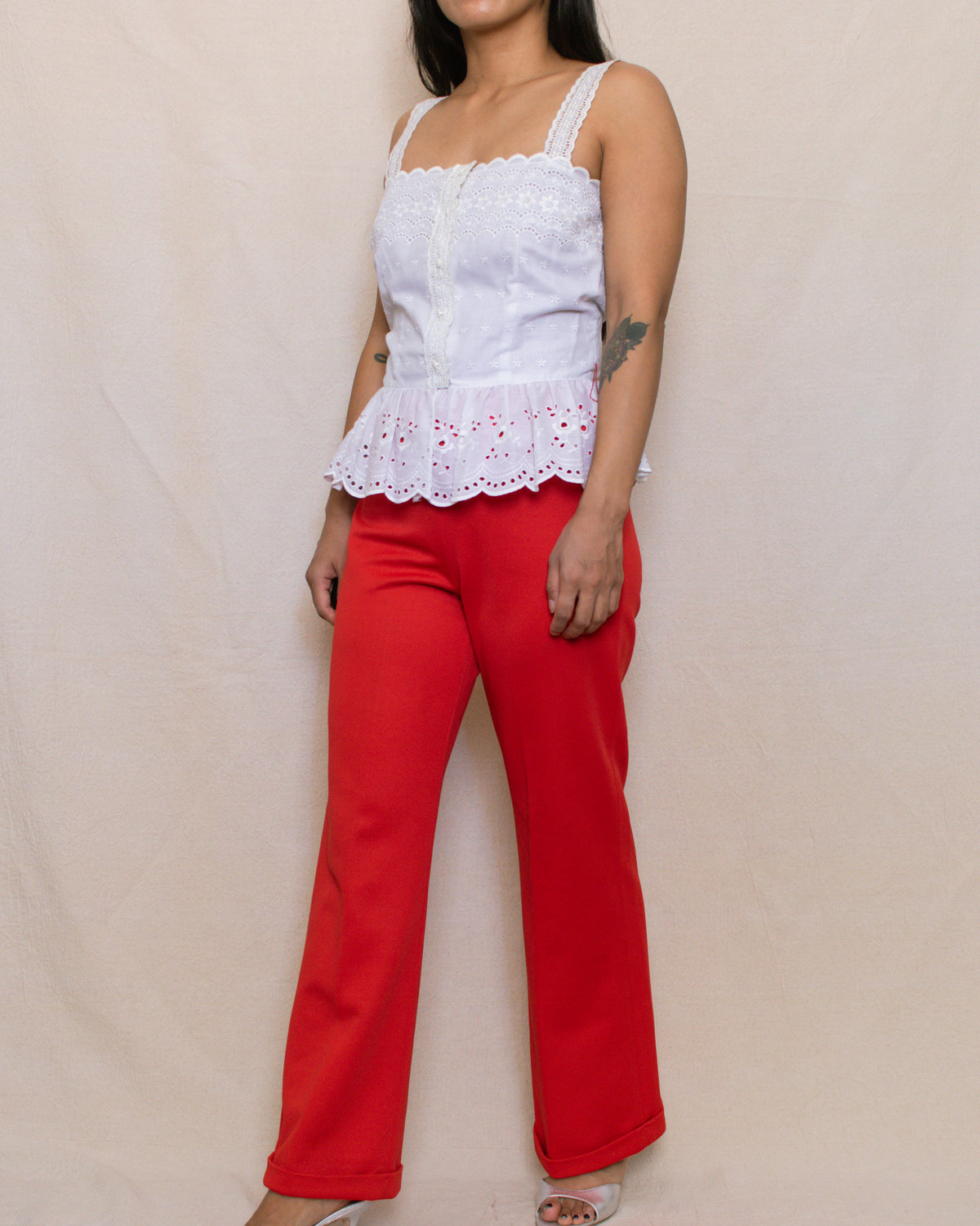 Vintage 70s Eyelet Sleeveless Blouse | Size Small