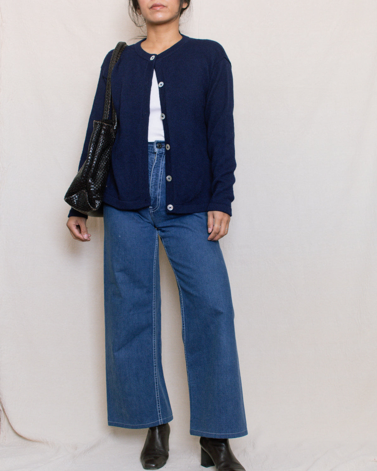 Vintage 90s Navy Alpaca Knit Cardigan | Size S-M