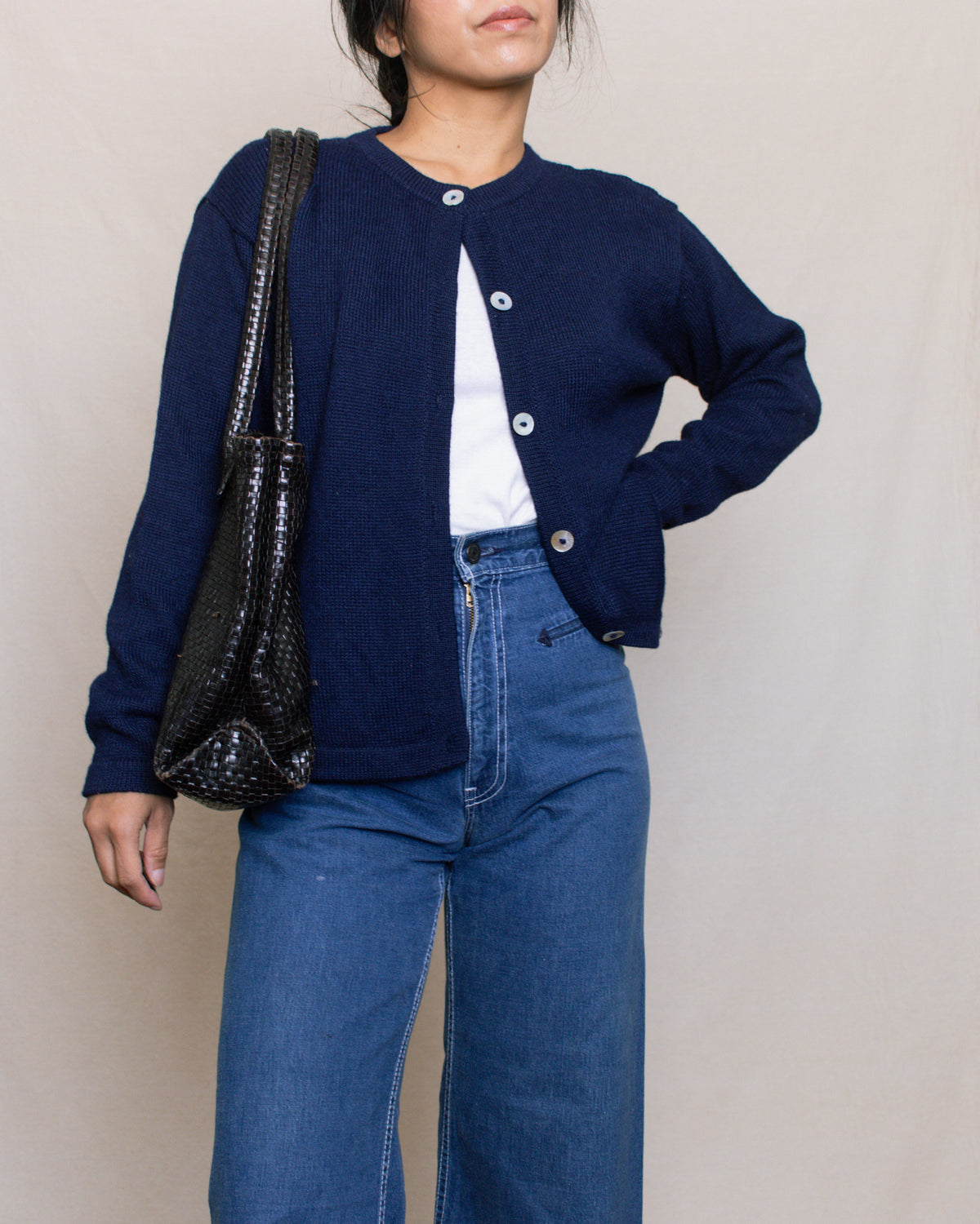 Vintage 90s Navy Alpaca Knit Cardigan | Size S-M