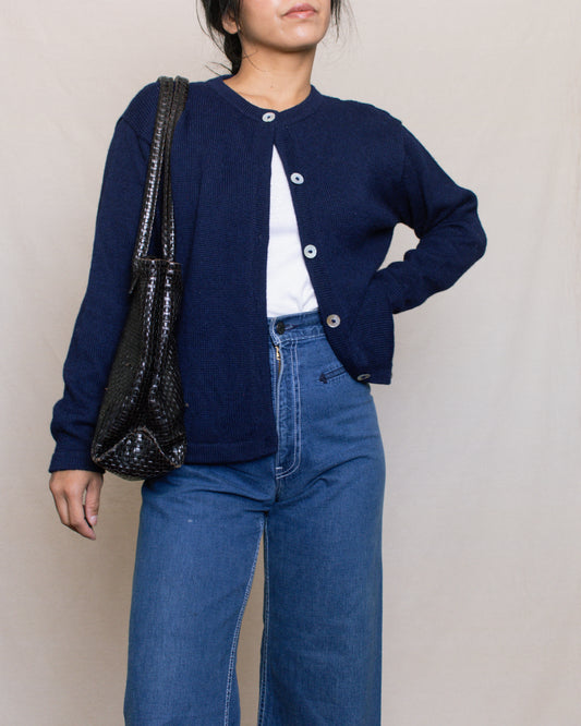 Vintage 90s Navy Alpaca Knit Cardigan | Size S-M