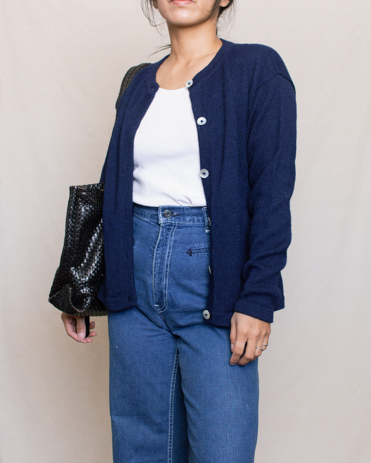 Vintage 90s Navy Alpaca Knit Cardigan | Size S-M
