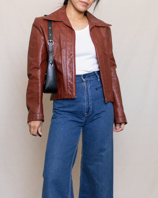Vintage 80s Red Cropped Leather Jacket | Size Medium