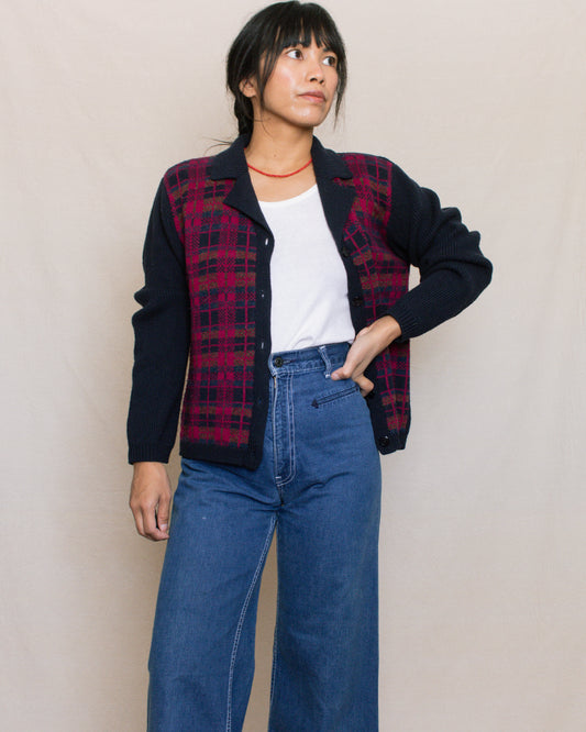 Vintage 80s Plaid Collared Cardigan | Size Medium