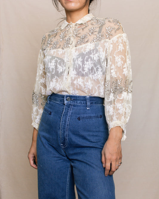 Vintage 70s Sheer Lace Blouse | Size S-M