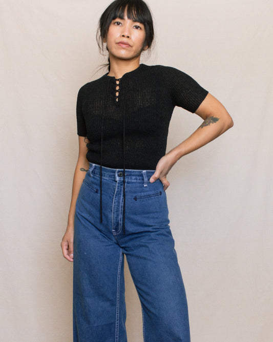 Vintage 70s Black Knit Shirt | Size XS/S