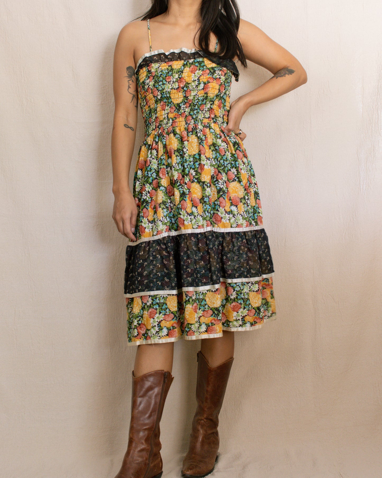 70s Autumn Floral Dress | Small