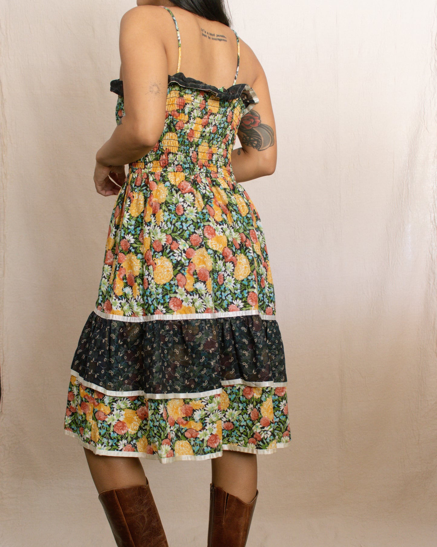 70s Autumn Floral Dress | Small