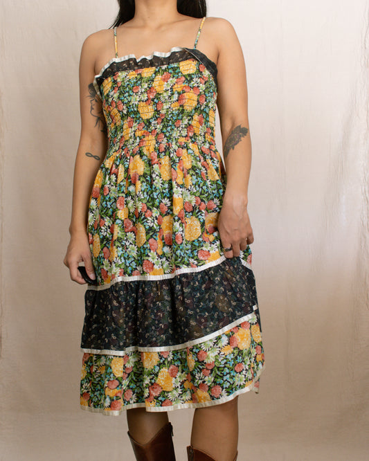 70s Autumn Floral Dress | Small