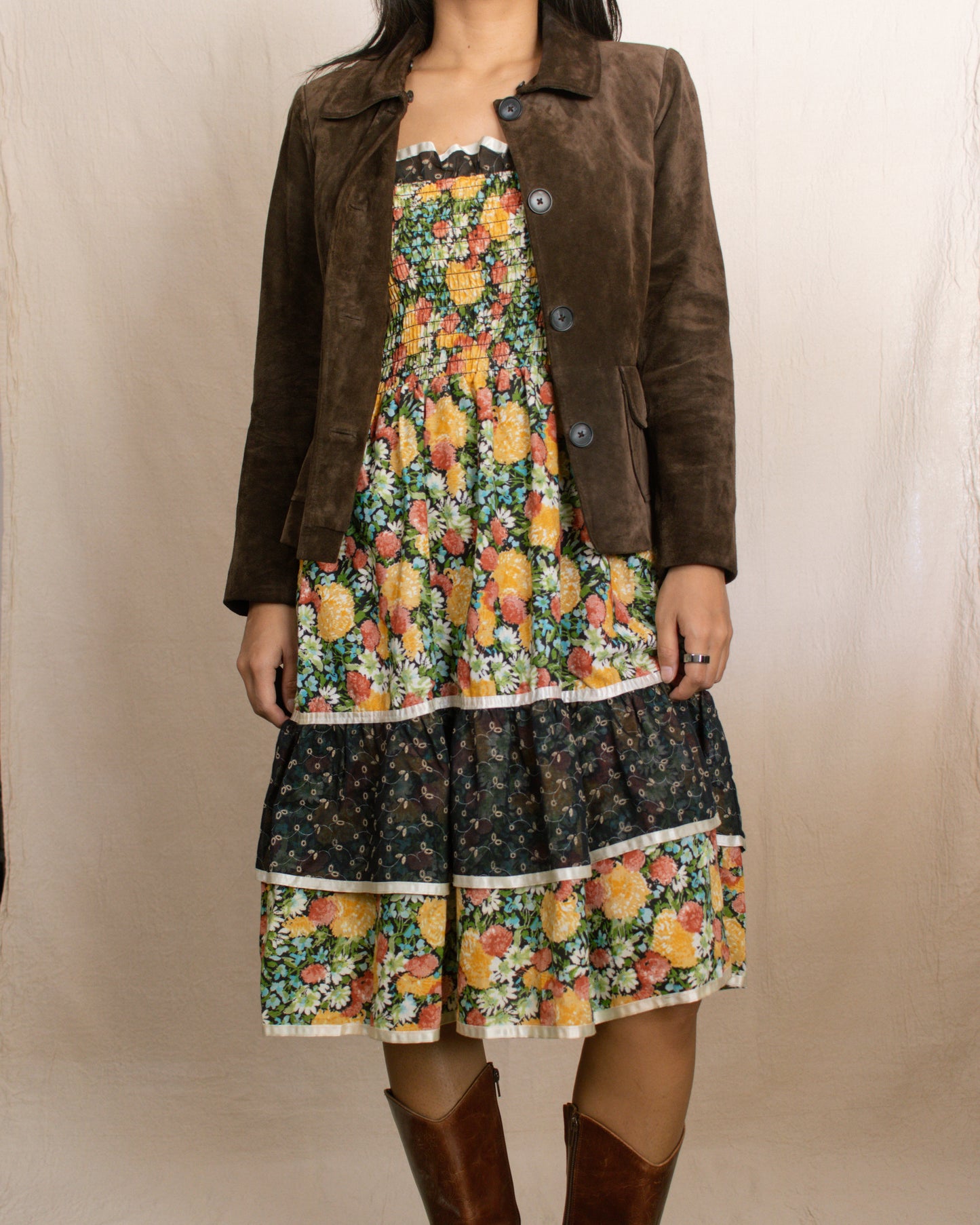 70s Autumn Floral Dress | Small