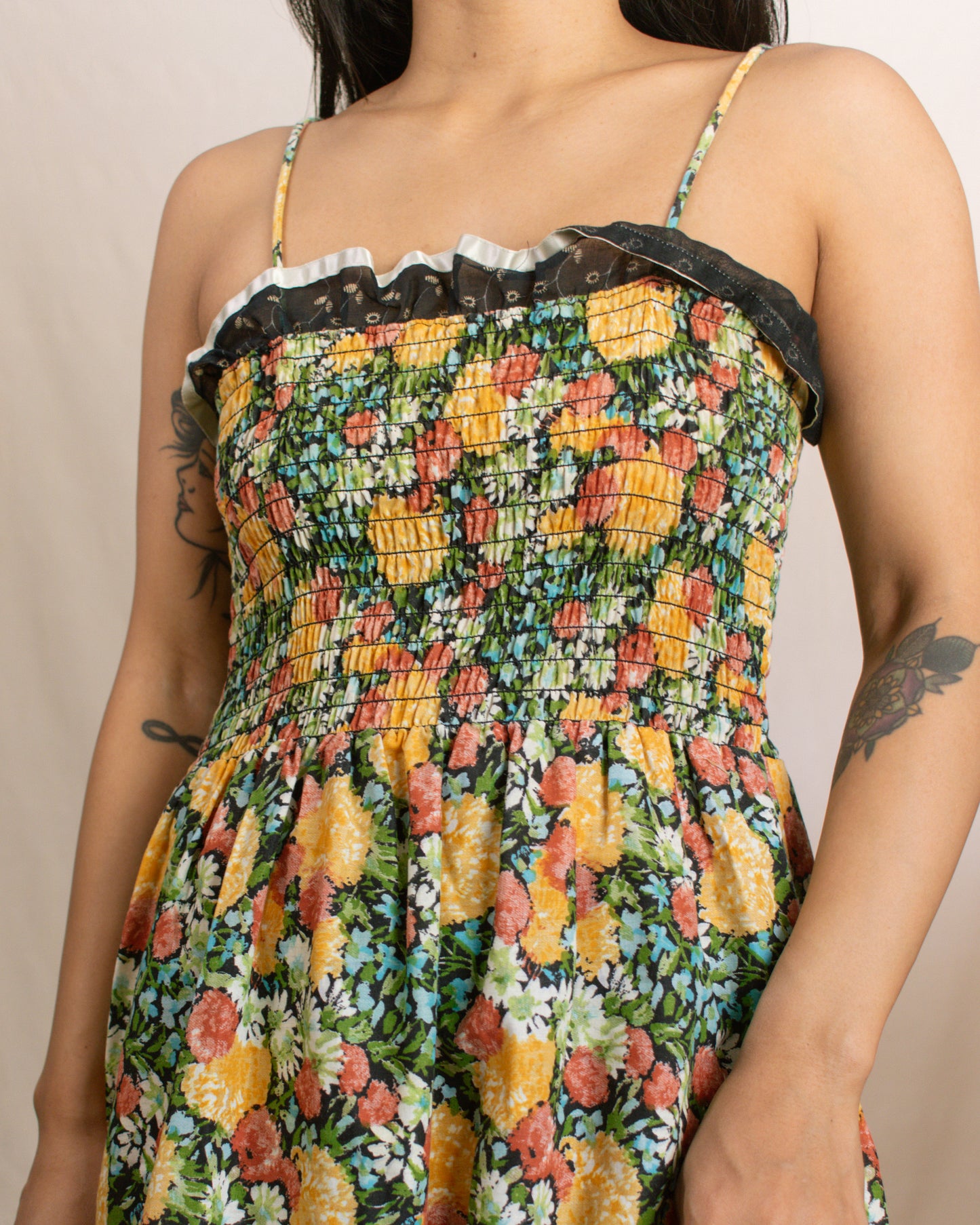 70s Autumn Floral Dress | Small