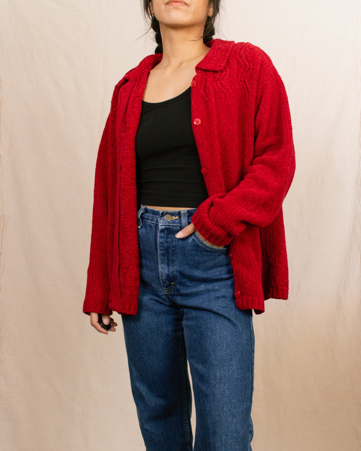 80s Red Chenille Cardigan | Large