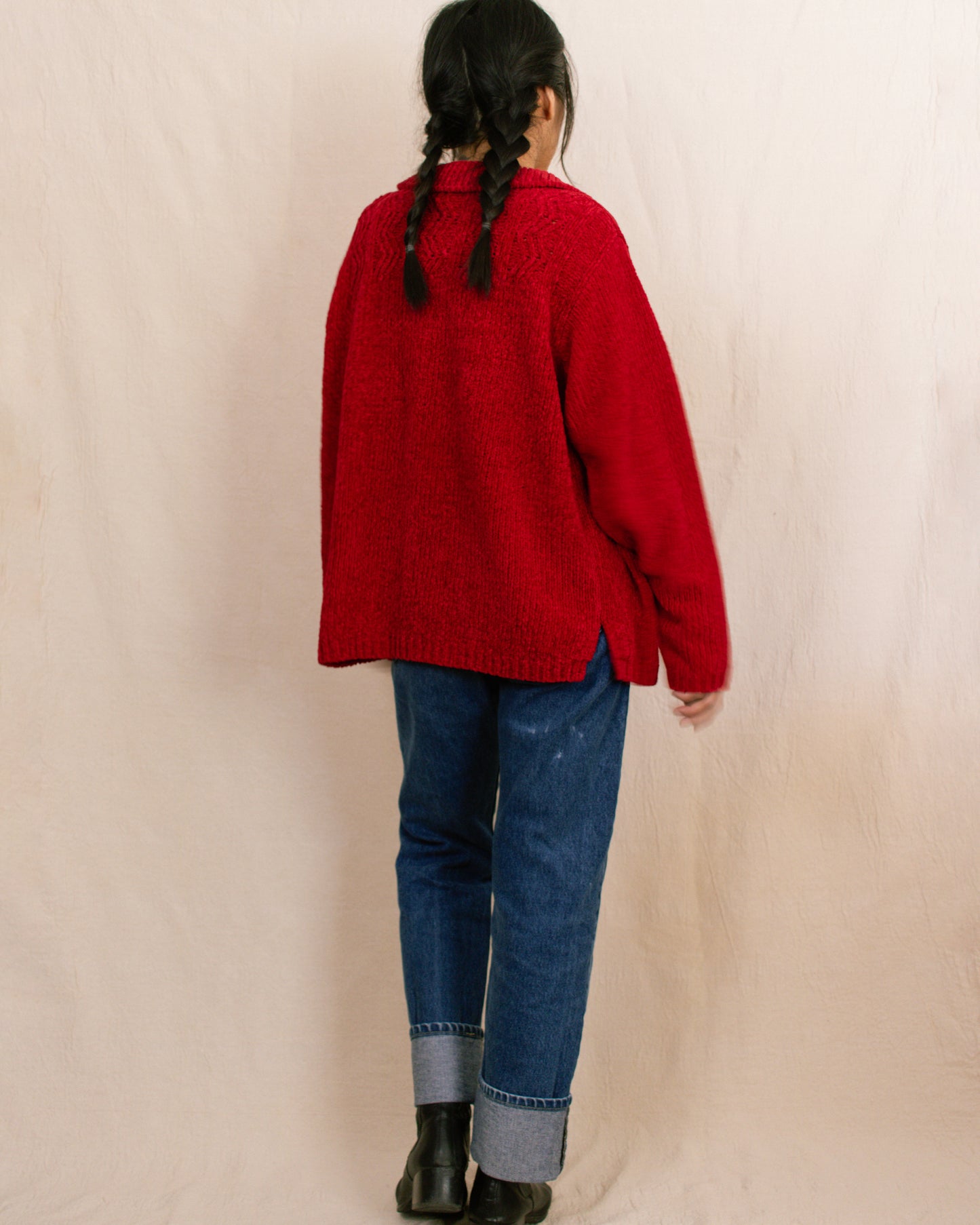 80s Red Chenille Cardigan | Large