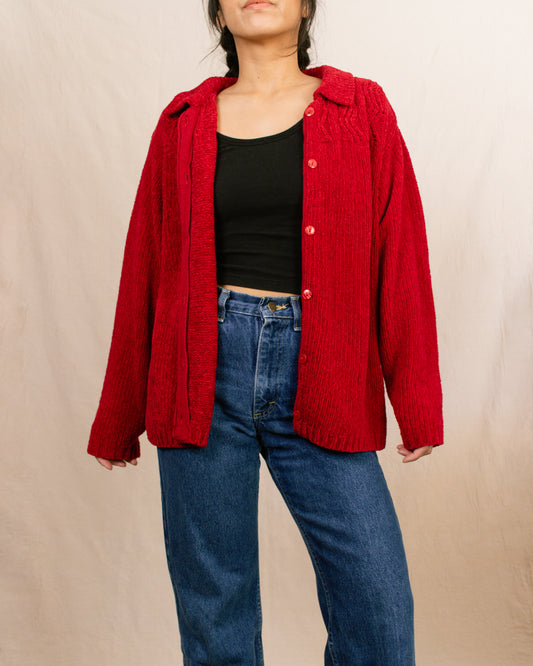 80s Red Chenille Cardigan | Large