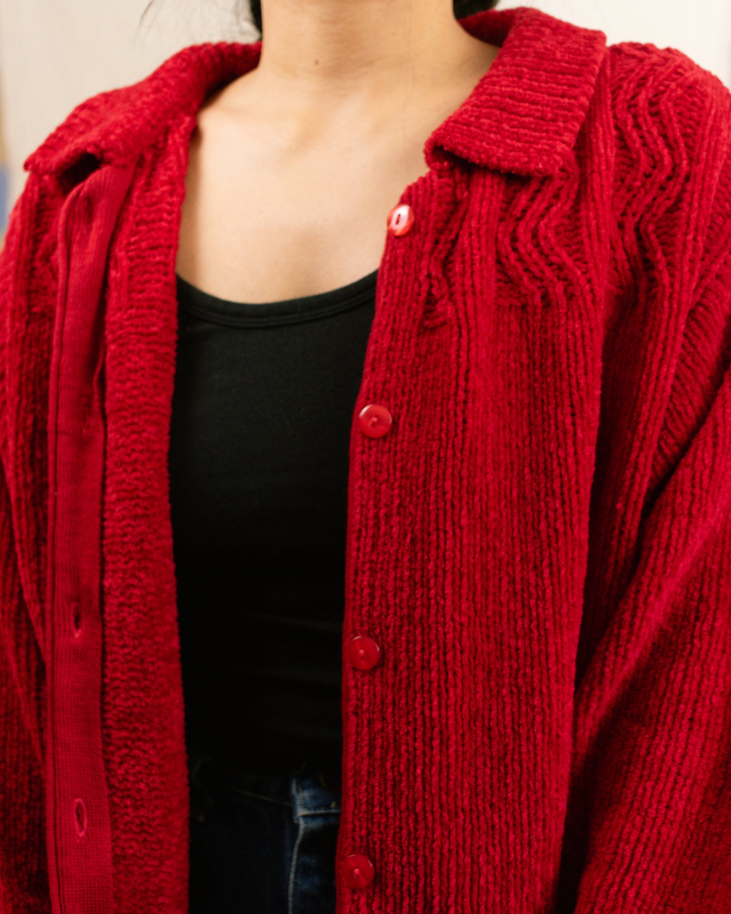 80s Red Chenille Cardigan | Large