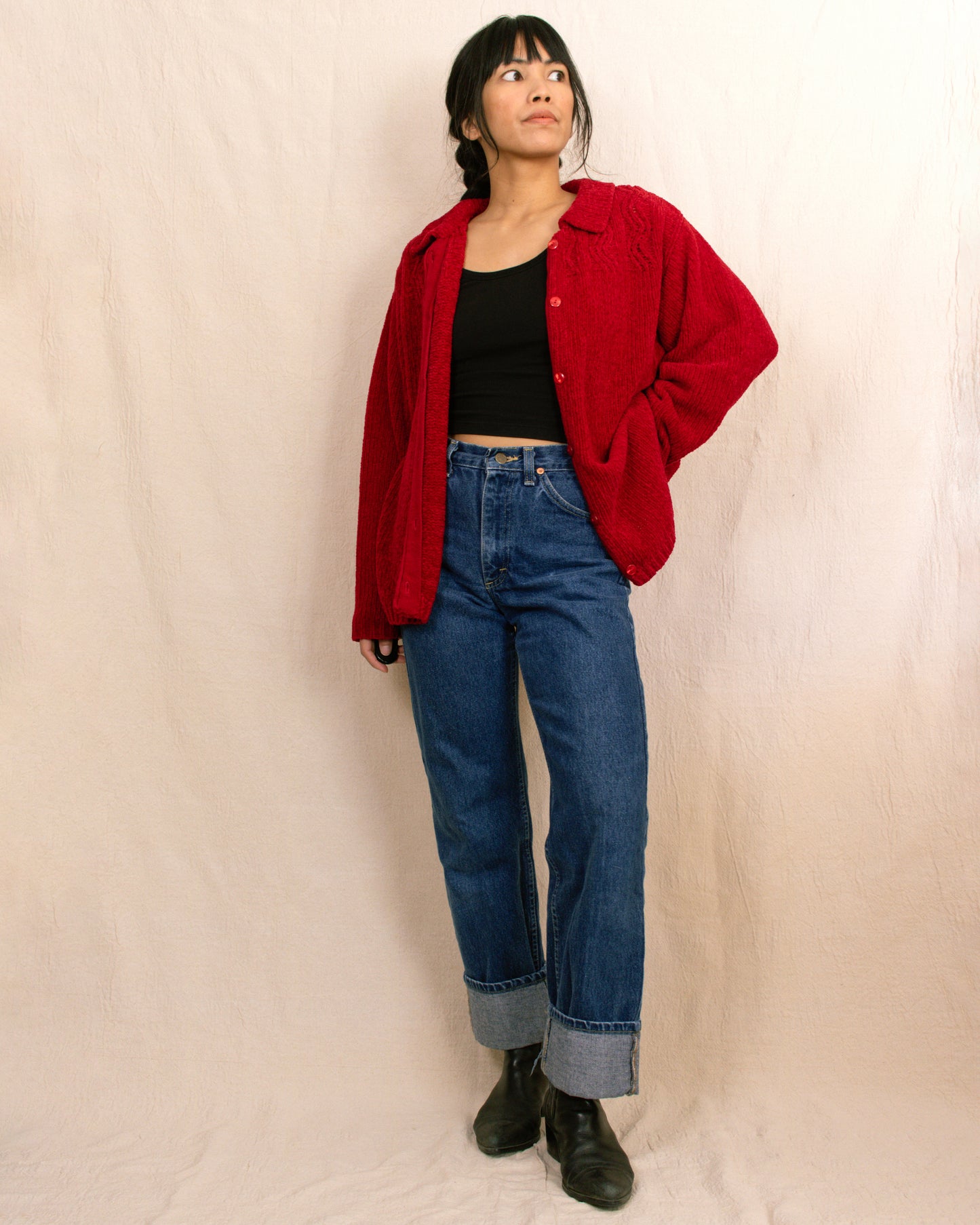 80s Red Chenille Cardigan | Large