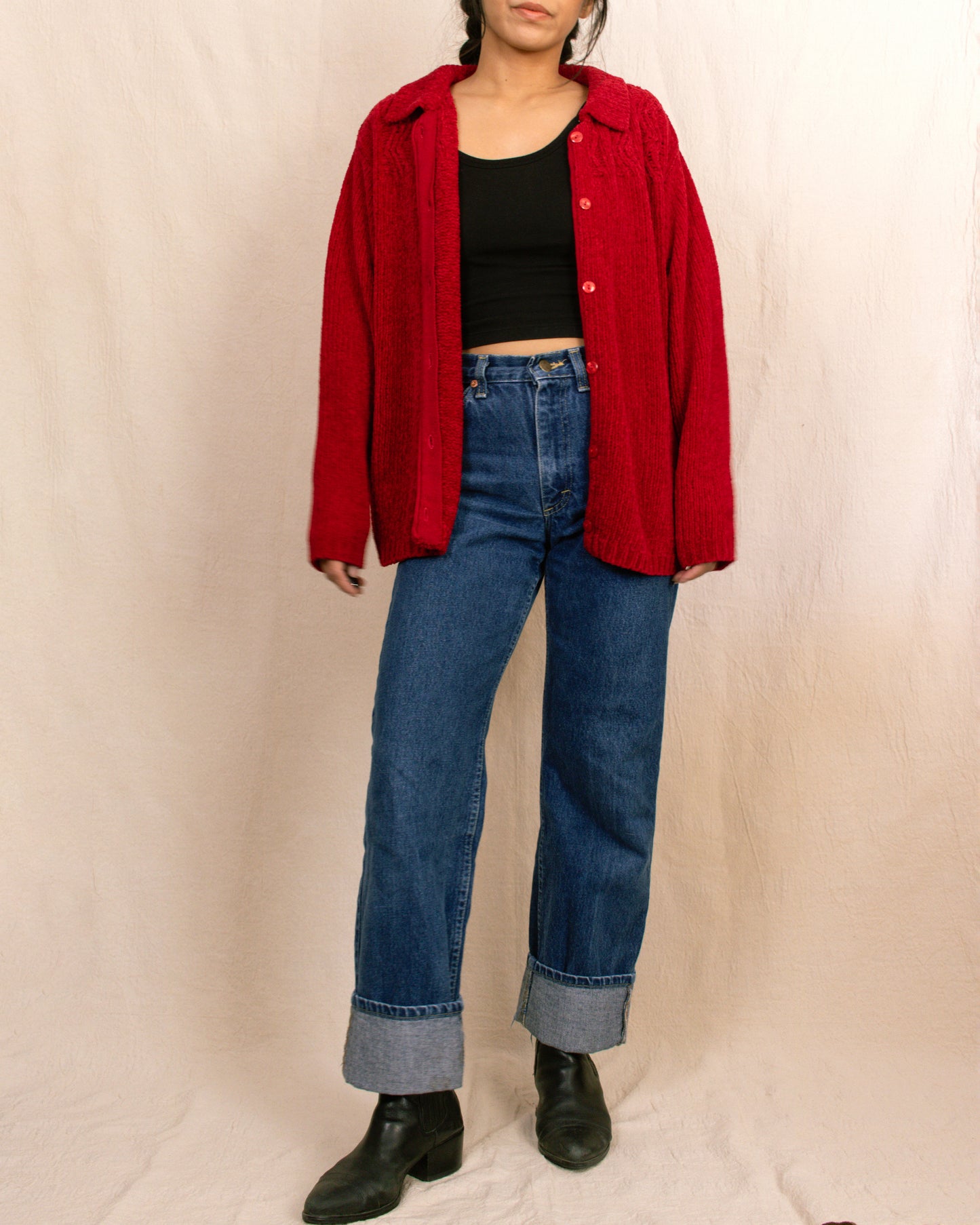 80s Red Chenille Cardigan | Large