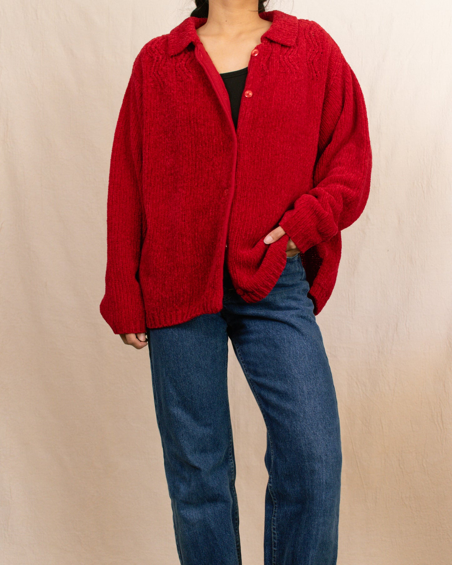 80s Red Chenille Cardigan | Large