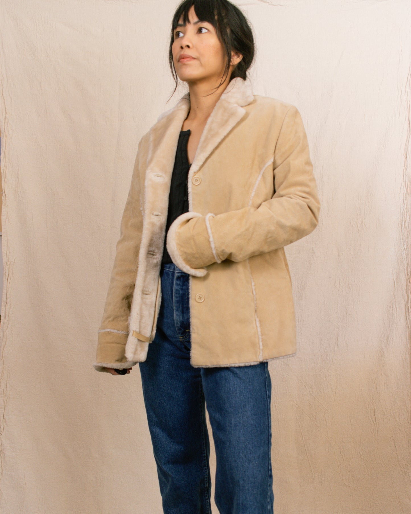 90s Beige Shearling Jacket | Medium