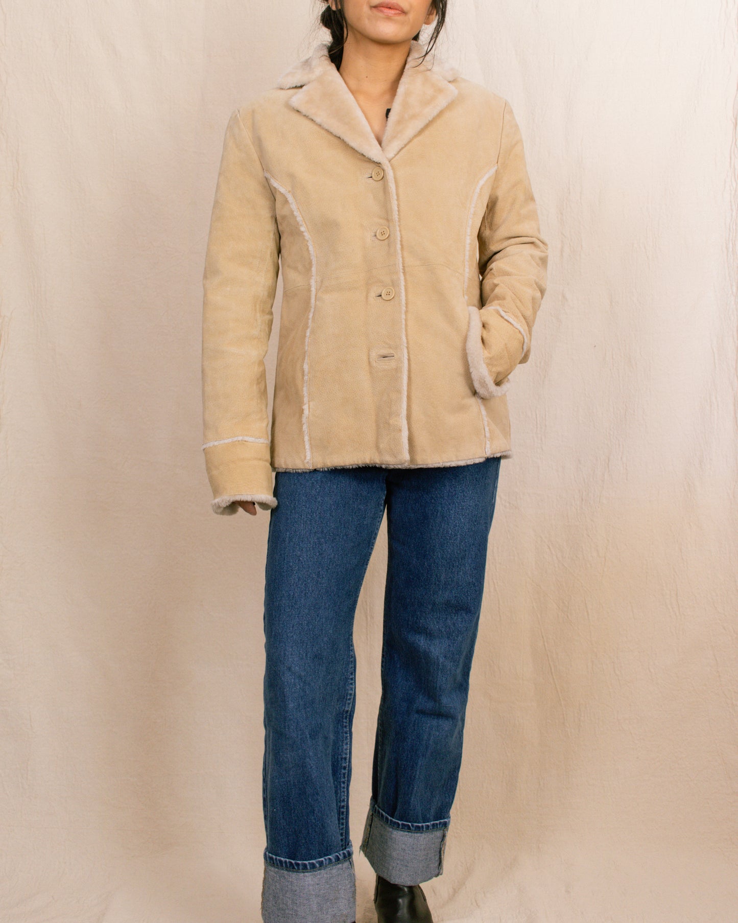 90s Beige Shearling Jacket | Medium