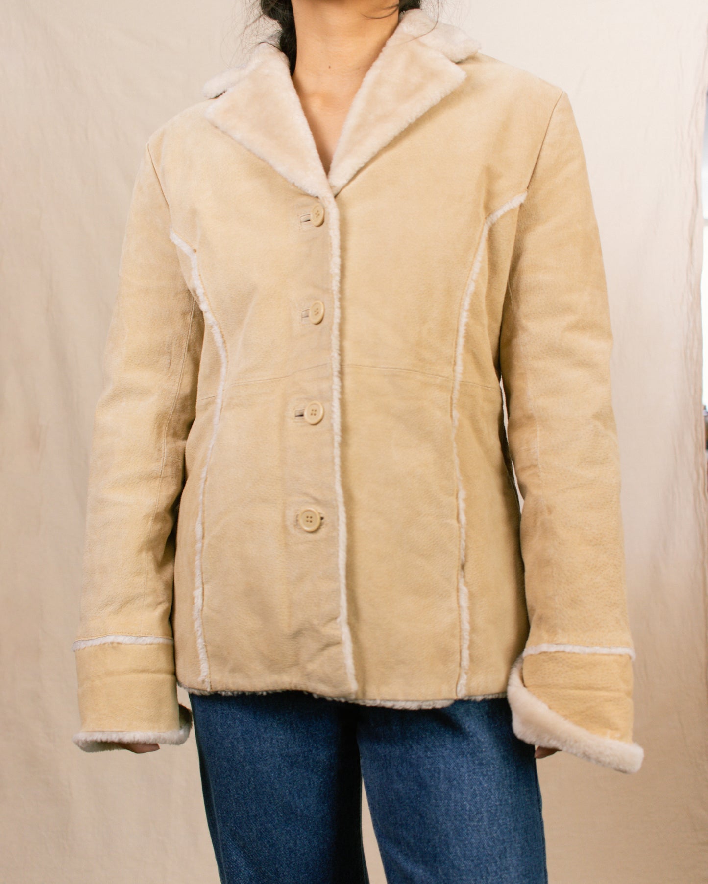 90s Beige Shearling Jacket | Medium