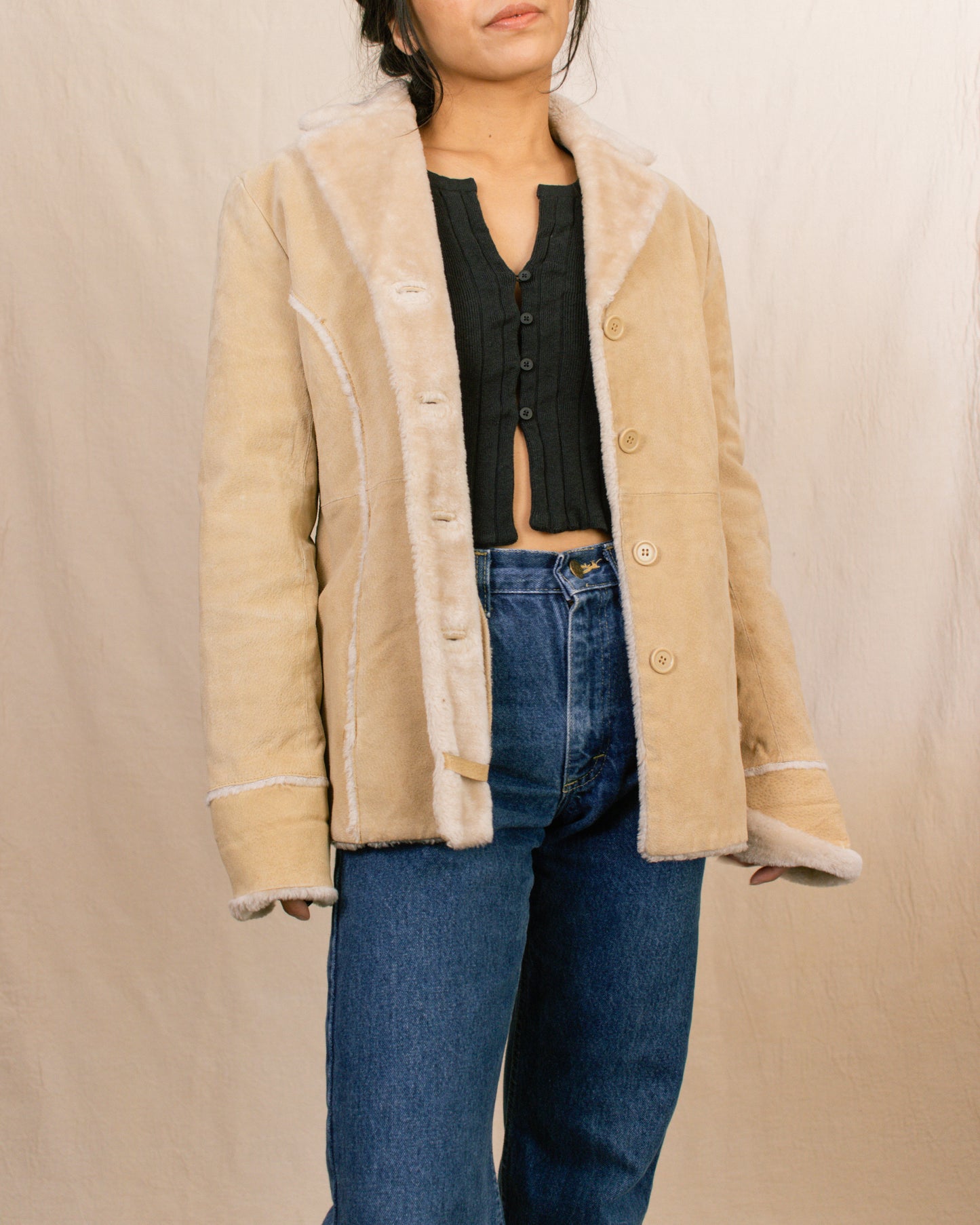 90s Beige Shearling Jacket | Medium