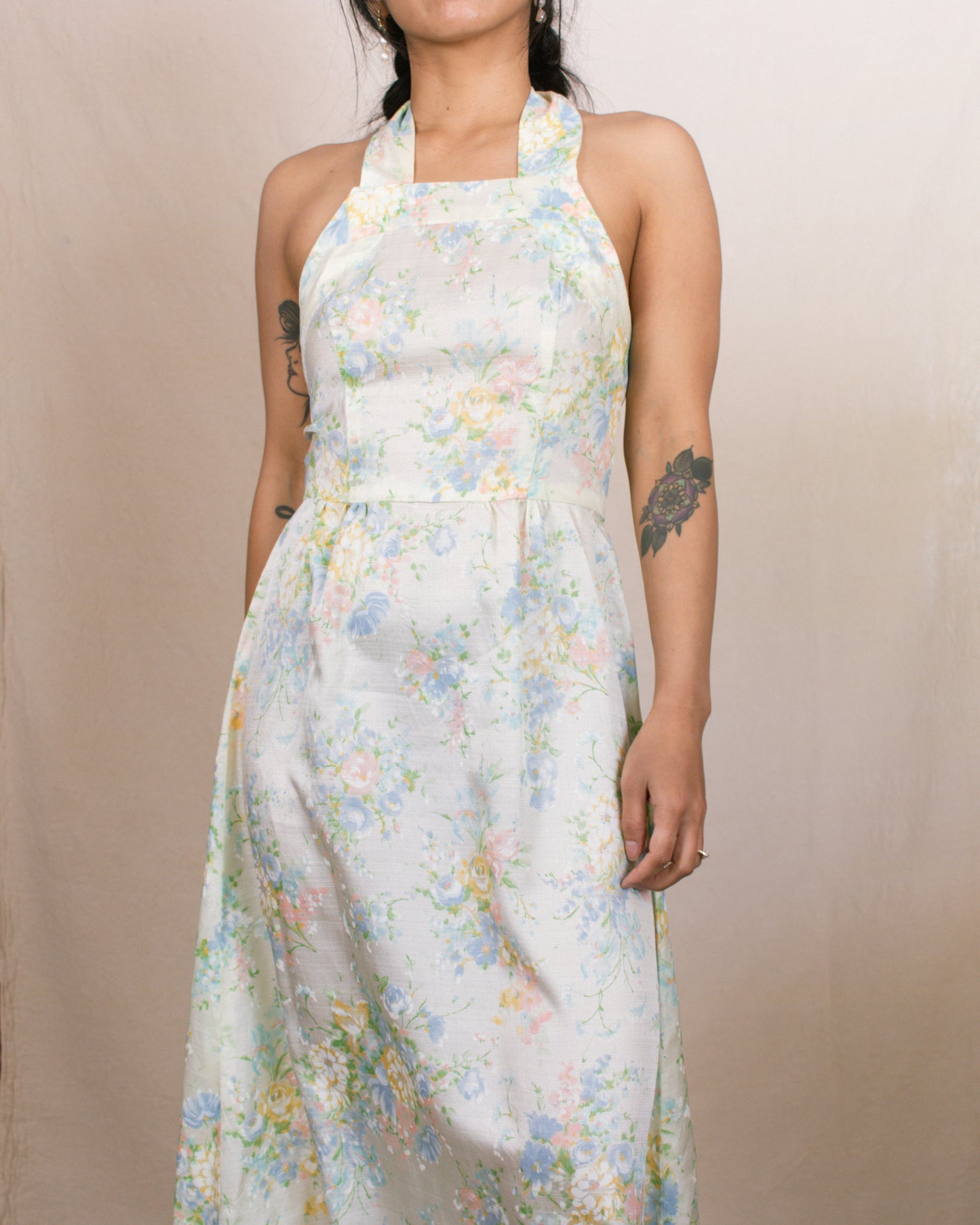 Vintage 70s Pale Yellow Floral Halter Dress | Size XS