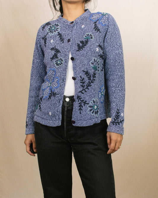 Vintage 90s Blue Floral Cardigan | Size Small