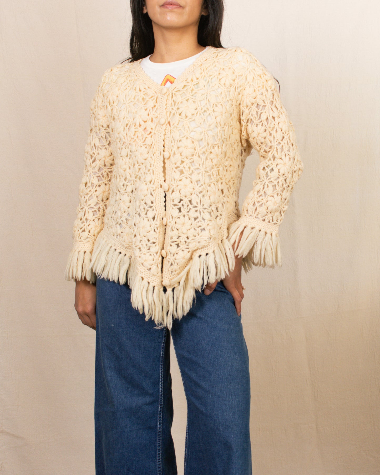 Vintage 70s Floral Tassel Cardigan | Size S/M