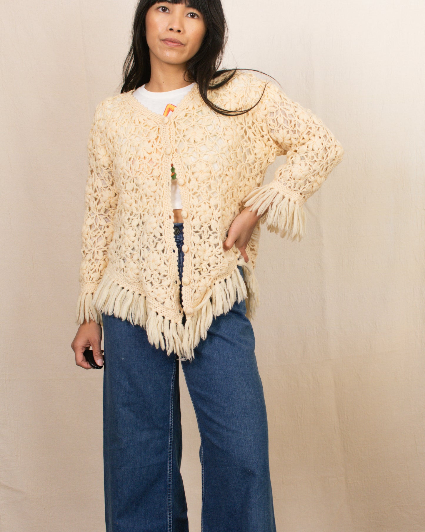 Vintage 70s Floral Tassel Cardigan | Size S/M