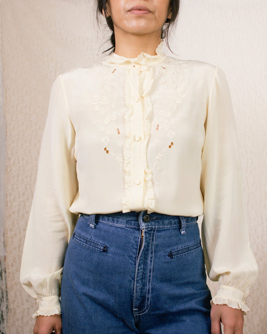 Vintage 50s Cream Silk Blouse | Size Small